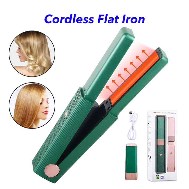 2 in 1 Adjustable Temperature Hair Curler and Straightener Cordless Flat Iron Professional Hair Straightener (Green)