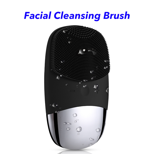 IPX7 Waterproof Face Brush USB Rechargeable Silicone Face Scrubber Facial Cleansing Brush (Black)