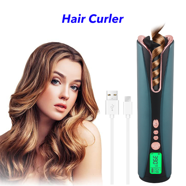 Portable Rechargeable Wireless Cordless Auto Hair Curler Ceramic Rotating Automatic Curling Iron (Green)