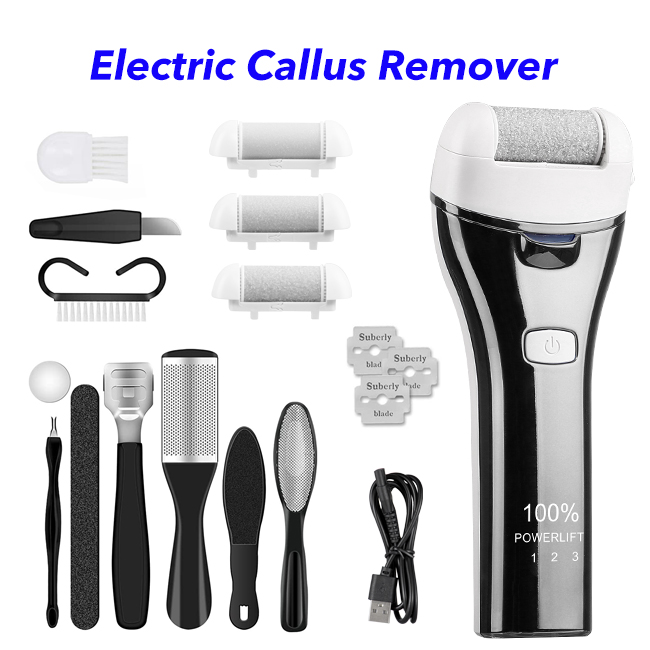 Professional Waterproof Rechargeable Foot File Pedicure Kits Electric Foot Callus Remover (Black)