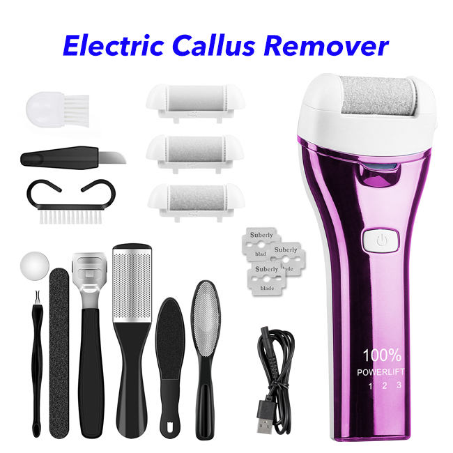 Professional Waterproof Rechargeable Foot File Pedicure Kits Electric Foot Callus Remover (Purple)
