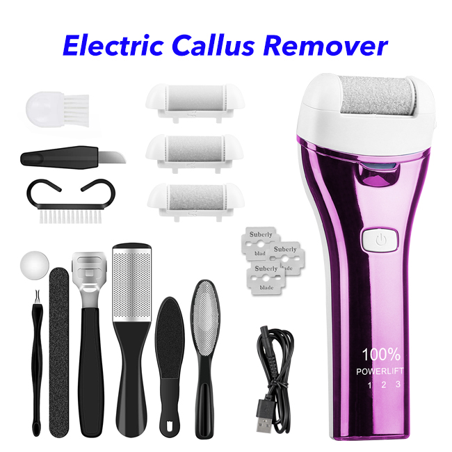 Professional Waterproof Rechargeable Foot File Pedicure Kits Electric Foot Callus Remover (Purple)