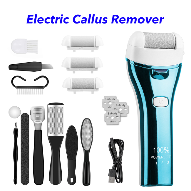 Professional Waterproof Rechargeable Foot File Pedicure Kits Electric Foot Callus Remover (Light Blue)