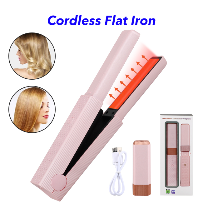2 in 1 Adjustable Temperature Hair Curler and Straightener Cordless Flat Iron Professional Hair Straightener (Pink)