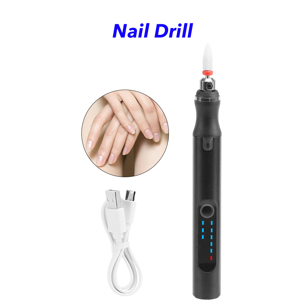 Portable Electric Nail Drill Cordless Usb Rechargeable Professional Nail Drill Machine (Black)