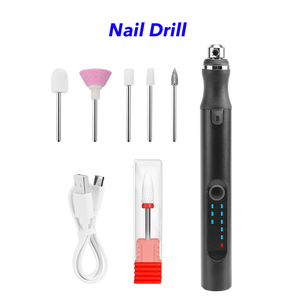 Portable Electric Nail Drill Cordless Usb Rechargeable Professional Nail Drill Machine Set (Black)