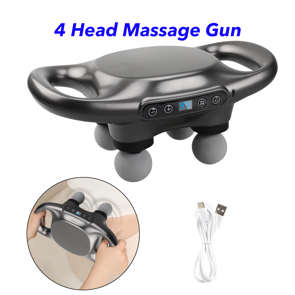 Custom Electric Massage Guns Body Deep Tissue Vibration Muscle Massager Gun Handheld 4 Head Back Massager (grey)