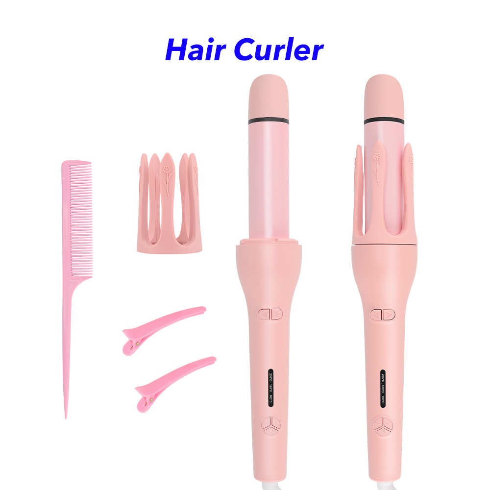 Professional Hair Curling Iron Ceramic Negative Ion 2 In 1 Automatic Rotating Hair Curler And Hair Straightener (Pink)