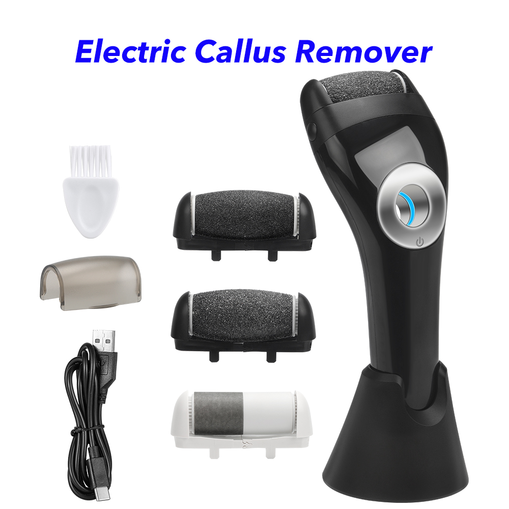 Rechargeable Pedicure Device Foot Scrubber Grinder Foot File Professional Callus Remover with Charging Base and Blue Light (Black)