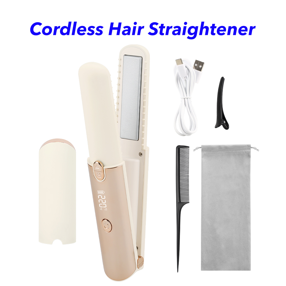 2 in 1 Cordless Electric Hair Straightener and Curler Flat Iron Portable Wireless Mini Hair Straightener(Beige)