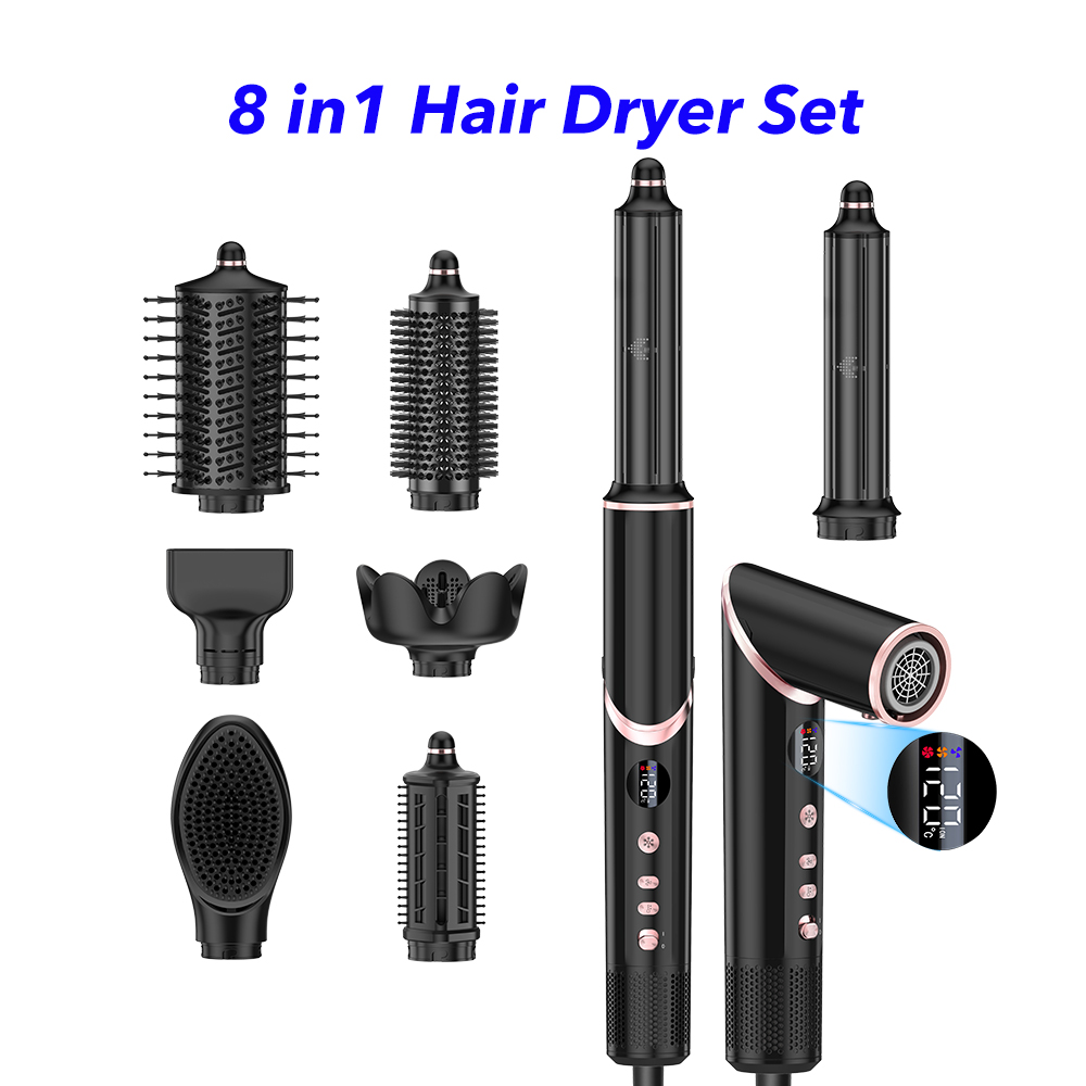 New Launch 8 in 1 Hair Styler Professional Hair Dryer 110000rpm High Speed Blow Dryer Brush Ionic Multi Styler（Black）