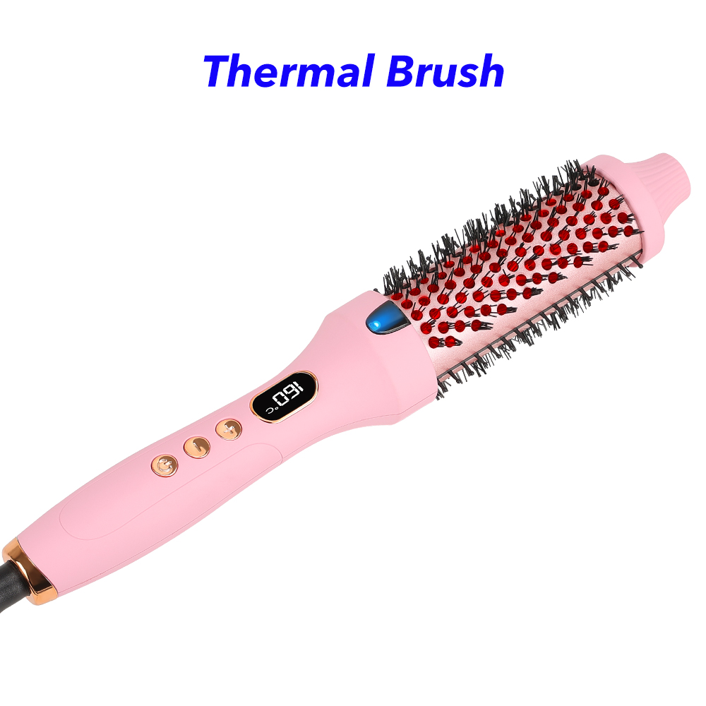 Professional Ceramic Infrared Thermal Curling Brush PTC Heated Hair Straightener Comb with LCD Display (Pink)