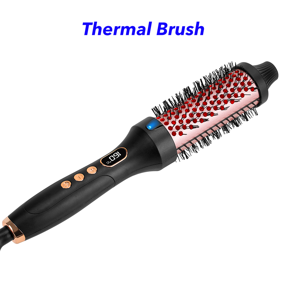 Professional Ceramic Infrared Thermal Curling Brush PTC Heated Hair Straightener Comb with LCD Display (Black)