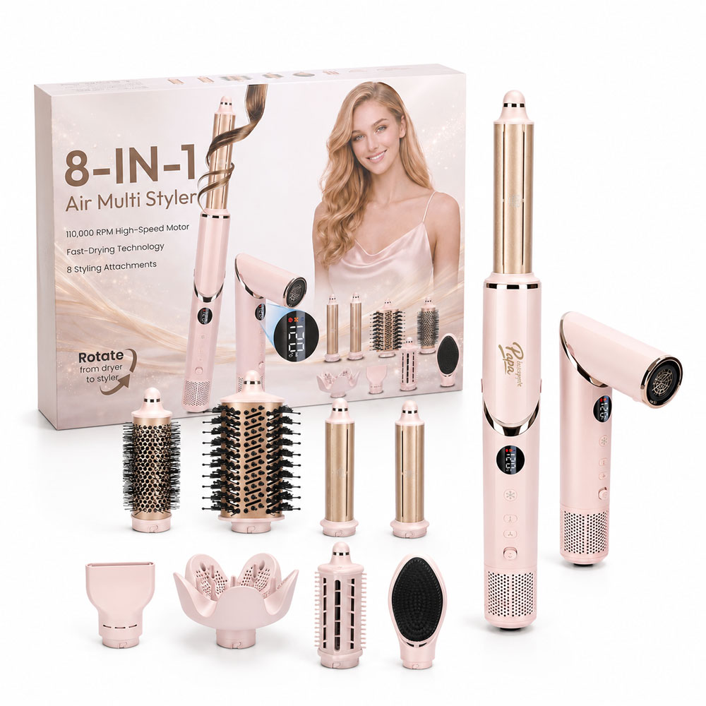 PineapplePapa Professional 8 in 1 Hair Dryer Styler Brush Foldable BLDC Motor High Speed Ionic Hair Dryer Volumizer All Types