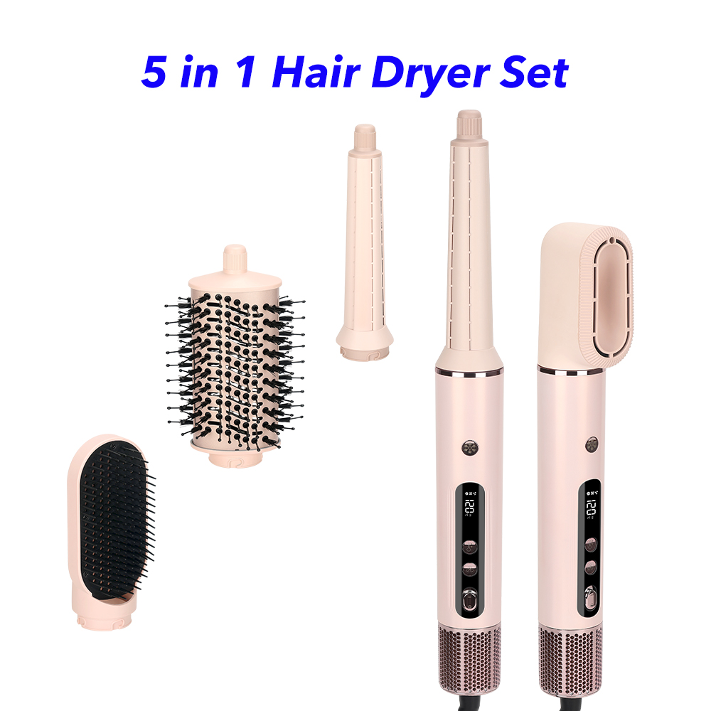 Professional Hair Tools 5 in 1 Auto Curler Blow Dryer Brush Negative Ionic High Speed Multi Hair Styler (Pink)