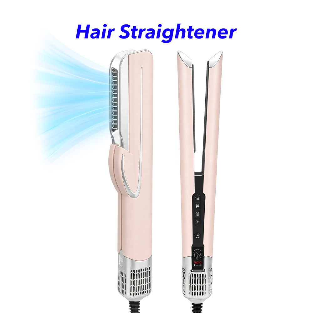 Professional Styling Tool LCD Display 2 in 1 Wet to Dry Hair Dryer and Straightener with High Speed Air (Pink+Silver)