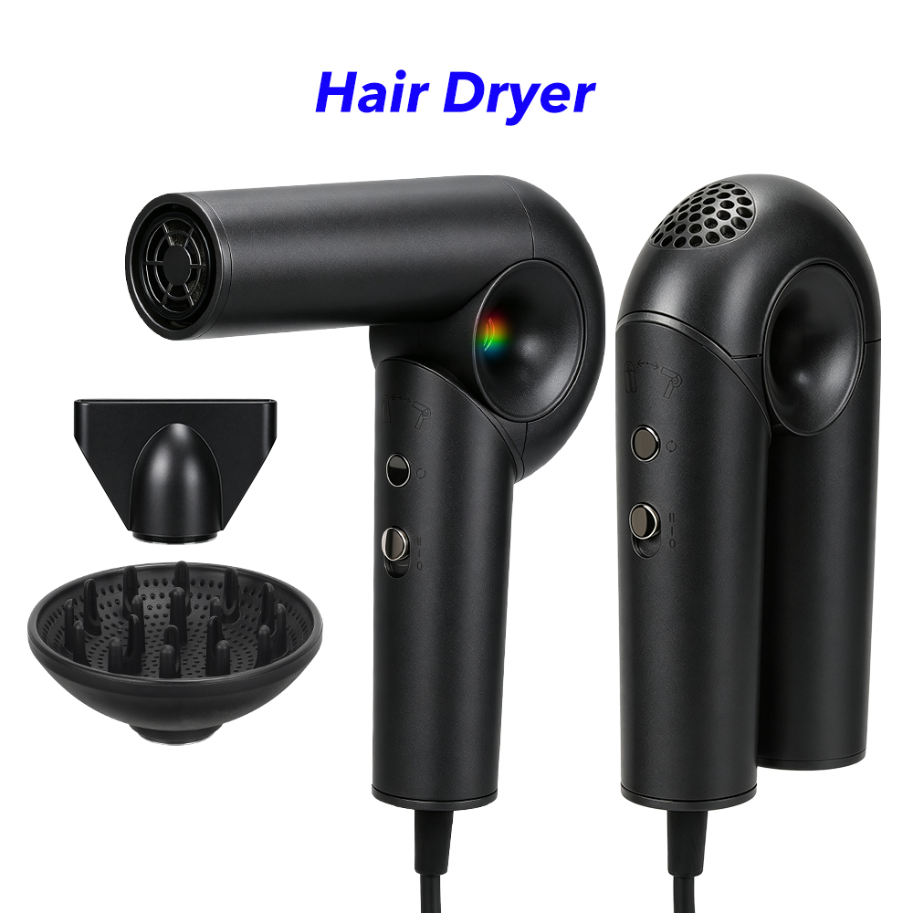 High Quality Negative Ionic High Speed Foldable Hair Dryer Electric Portable Salon Professional Blow Dryer with Diffuser (Black)