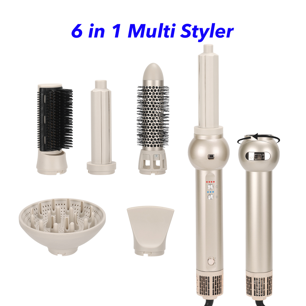 Professional 6 in 1 Multi Styler Auto Curler Blow Dryer Brush Negative Ionic Blow Dryer High Speed Hair Styler (Gold)