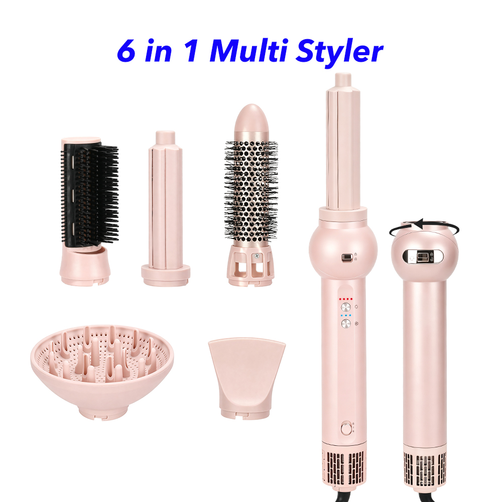 Professional 6 in 1 Multi Styler Auto Curler Blow Dryer Brush Negative Ionic Blow Dryer High Speed Hair Styler (Pink)