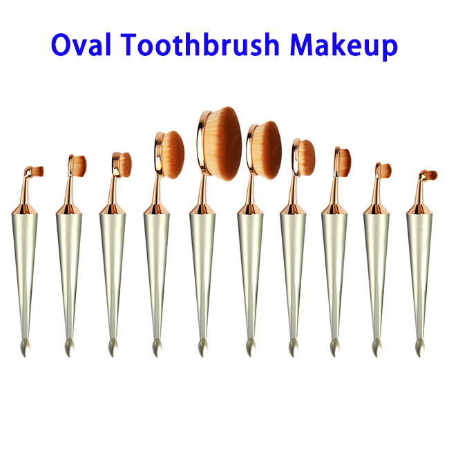 10pcs/set Powder Foundation Cosmetics Tool Oval Toothbrush Makeup Brushes Set (Rose Gold and Silver)