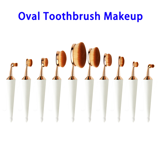 10pcs/set Powder Foundation Cosmetics Tool Oval Toothbrush Makeup Brushes Set (Rose Gold and White)