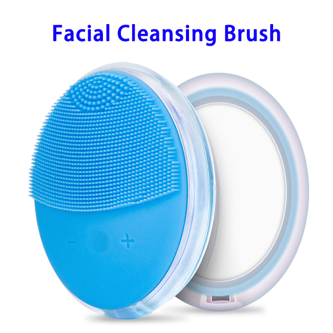 Patent Skin Care USB Electric Face Facial Cleaning Brush With Mirror (Blue)