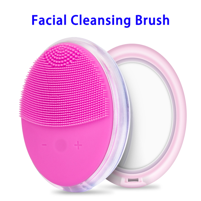 Patent Skin Care USB Electric Face Facial Cleaning Brush With Mirror (Pink)