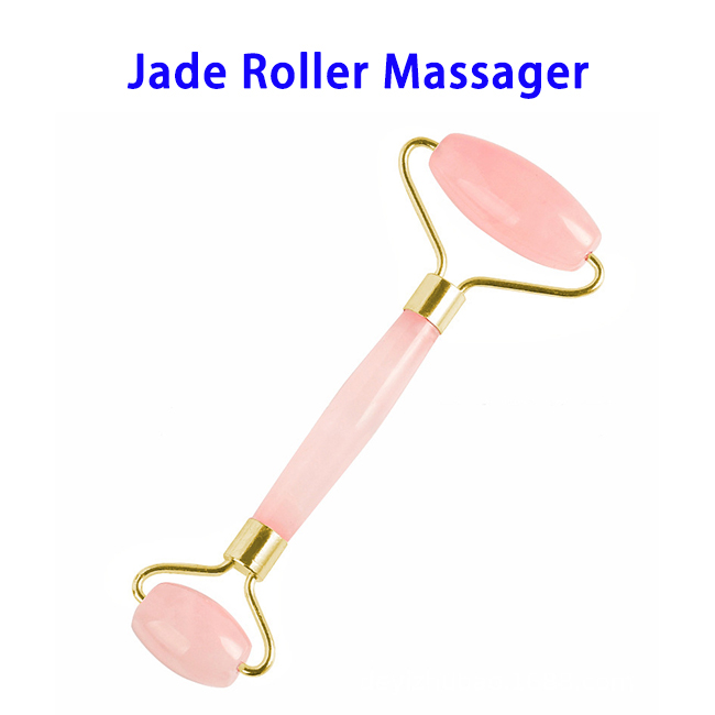 Noise Free Natural Stone Metal Welded Connector Jade Roller Massager ( Rose Quartz Jade, Gold connect)