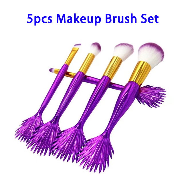 5pcs/set Nylon Hair Electroplated Plastic Handle Purple Fish Tail Makeup Brushes