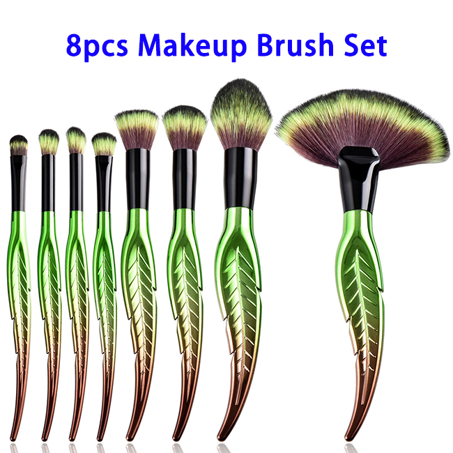 8pcs Leaf Design Synthetic Hair Electroplated Handle Makeup Brushes Set (Green)