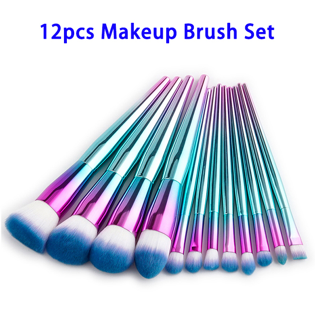 12pcs Synthetic Hair Electroplated Handle Makeup Brushes Set (Blue)