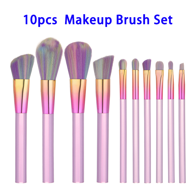 10pcs Synthetic Hair Acrylic Polished Aluminum Tube Makeup Brush Set (Pink)
