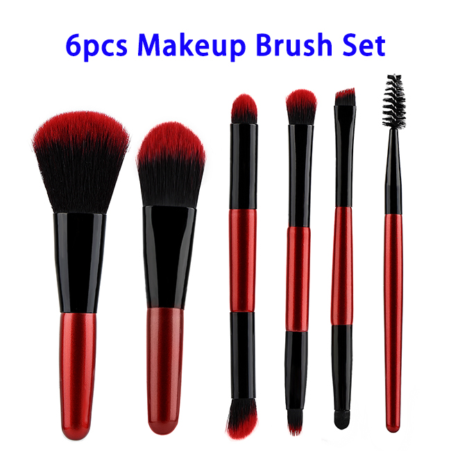 6pcs/set Soft Synthetic Hair Wood Handle Makeup Brushes Set (Red)