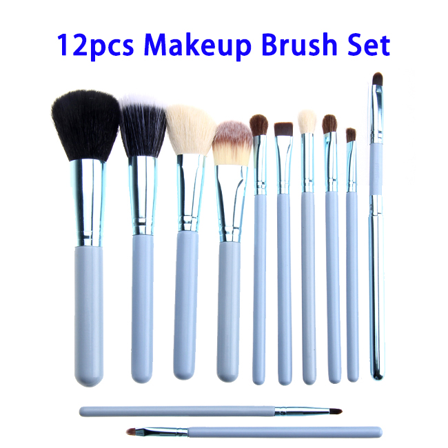 12pcs/set Super Soft Wood Handle Makeup Brushes with PU Bag (Blue)