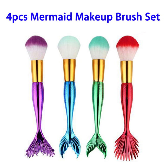 4pcs/set Nylon Hair Electroplated Plastic Handle Colorful Mermaid Makeup Brushes