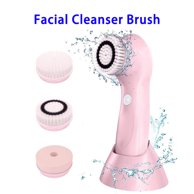 3 in 1 USB Rechargeable Facial Skin Scrubber Sonic Rotating Face Cleansing Brush (Pink)