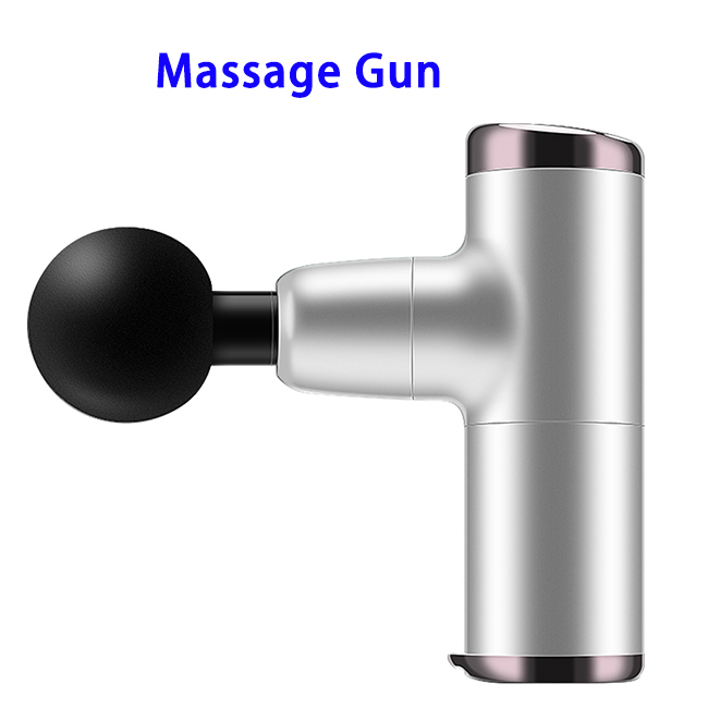 Super Mini 4 Speeds 4 Heads Noise Free Massage Gun with Button Switch and Hand Strap(Silver)