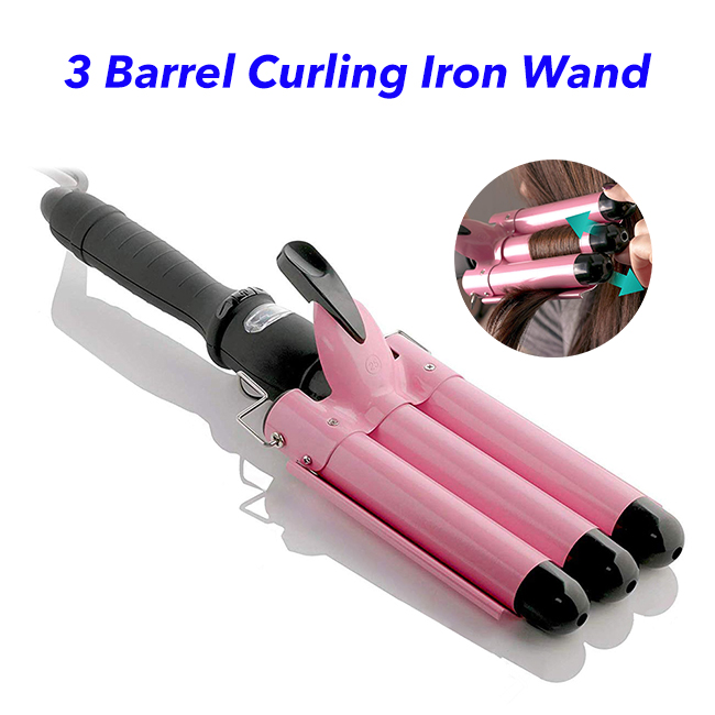 Newest Design LCD Temp Display Hair Crimper 3 Barrel Curling Iron Wand Dual Voltage Cordless Hair Curler