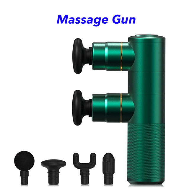 Double Heads 4 Speed Muscle Gun Massager Brushless Motor Mini Massage Gun with 8 Heads(Green)