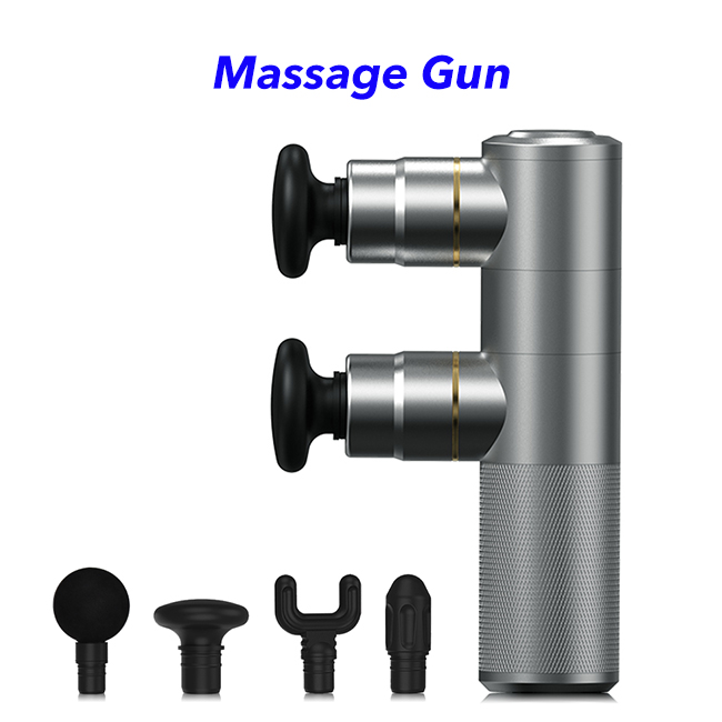 Double Heads 4 Speed Muscle Gun Massager Brushless Motor Mini Massage Gun with 8 Heads(Sliver)