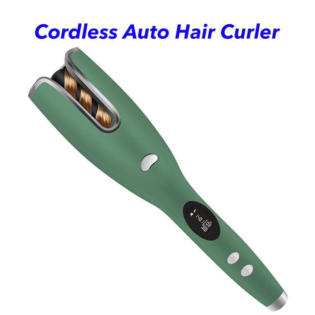 Cordless USB Rechargeable Electric Auto Hair Curler Ceramic Rotating Automatic Curling Iron (Green)