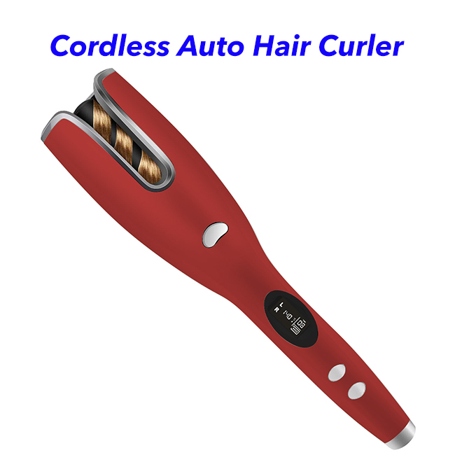 Cordless USB Rechargeable Electric Auto Hair Curler Ceramic Rotating Automatic Curling Iron (Red)