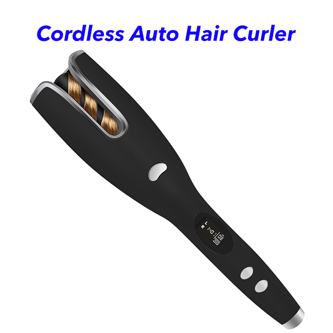 Cordless USB Rechargeable Electric Auto Hair Curler Ceramic Rotating Automatic Curling Iron (Black)