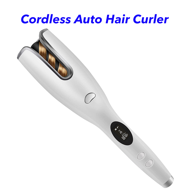 Cordless USB Rechargeable Electric Auto Hair Curler Ceramic Rotating Automatic Curling Iron (White)