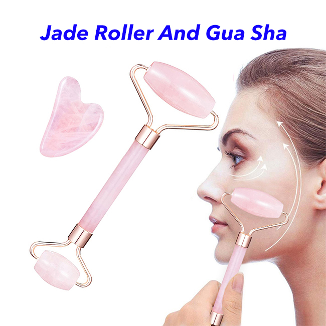 Natural Skin Massage Tool Facial Massage Jade Roller Gua Sha Set(Rose quartz)