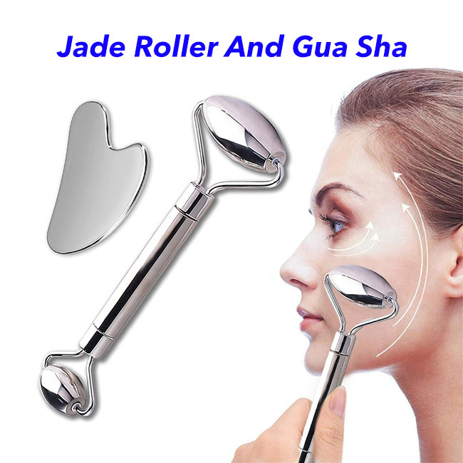 Stainless Skin Massage Tool Facial Massage Jade Roller Gua Sha Set