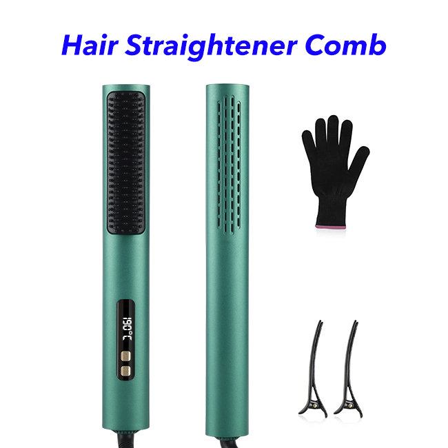 2 in 1 Hair Straightener Comb Fast Heating Electric Straightening Brush Hair Straightener and Curler(Green)