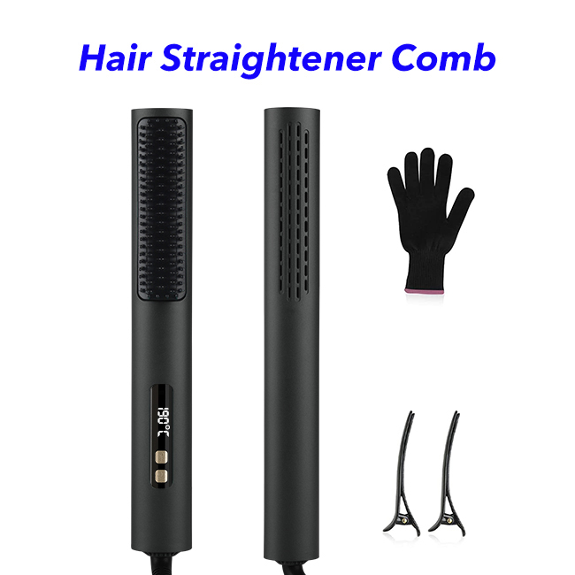 2 in 1 Hair Straightener Comb Fast Heating Electric Straightening Brush Hair Straightener and Curler(Black)