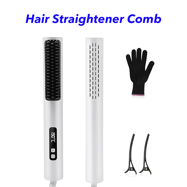 2 in 1 Hair Straightener Comb Fast Heating Electric Straightening Brush Hair Straightener and Curler(White)