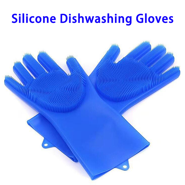 FDA Reusable Dish Wash Scrubbing Sponge Silicone Cleaning Gloves (Dark Blue)